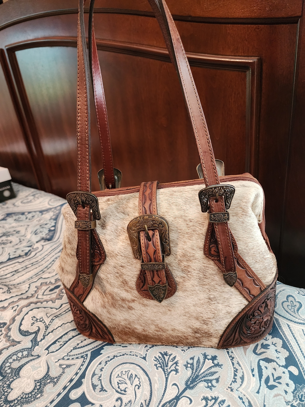 American Darling Brown Haircalf Tote with Tooled Leather Trim - Picture 6 of 16